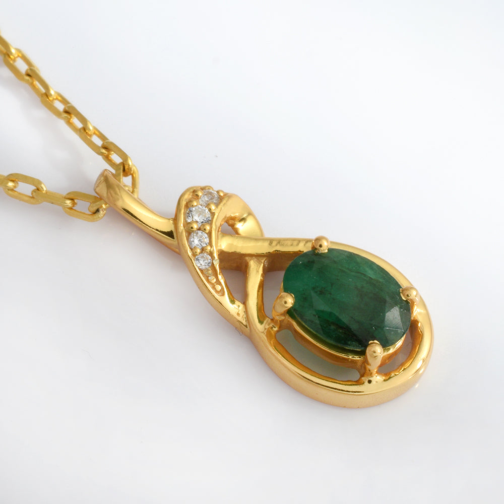 Lab Emerald CZ Infinity Pendant Gold Plated 925 Silver | Oval Emerald Twist Necklace Pendant | Green Stone Gemstone Jewelry Gift for Her