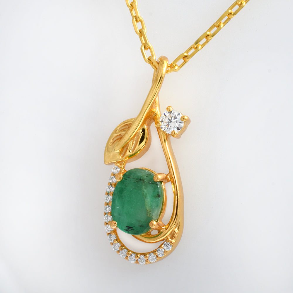 Lab Emerald CZ Leaf Teardrop Pendant Gold Plated 925 Silver | Oval Emerald Floral Necklace Pendant | Green Stone Romantic Jewelry Gift for Her