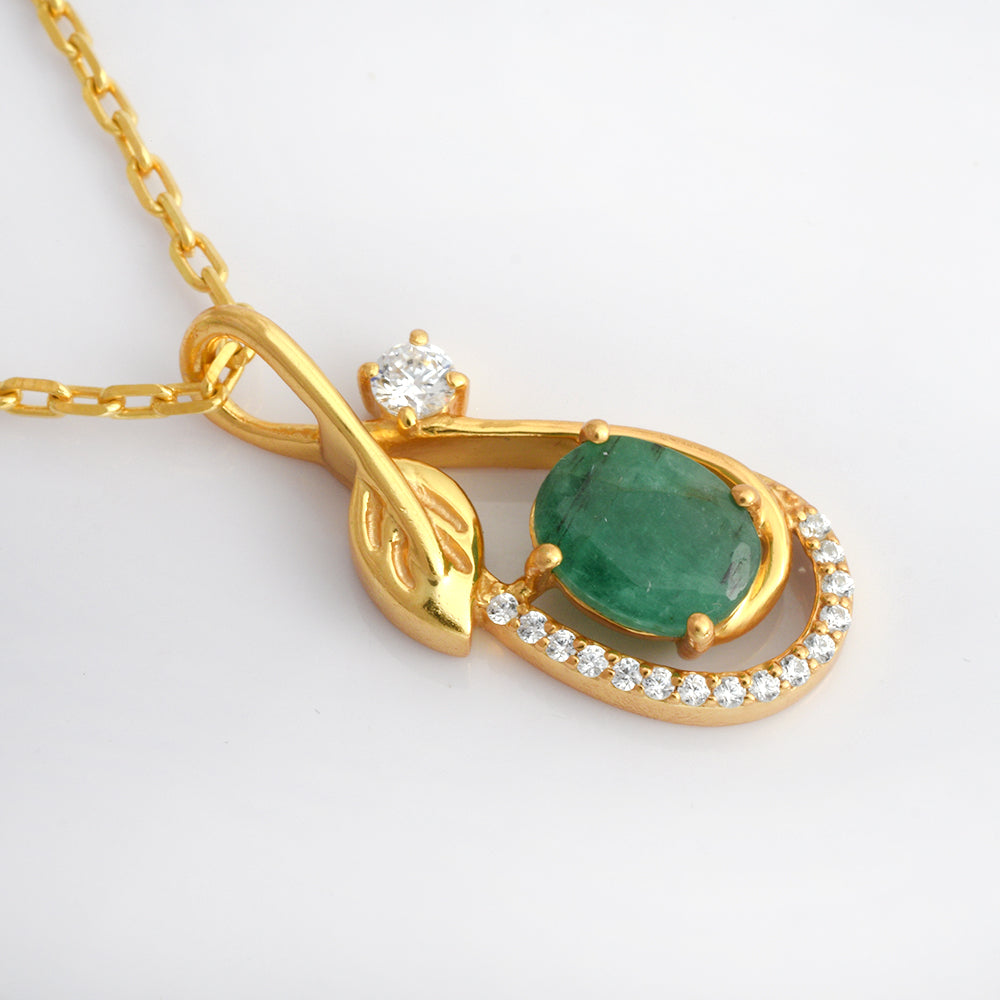 Emerald & CZ Leaf Teardrop Pendant, Gold Vermeil - view 9