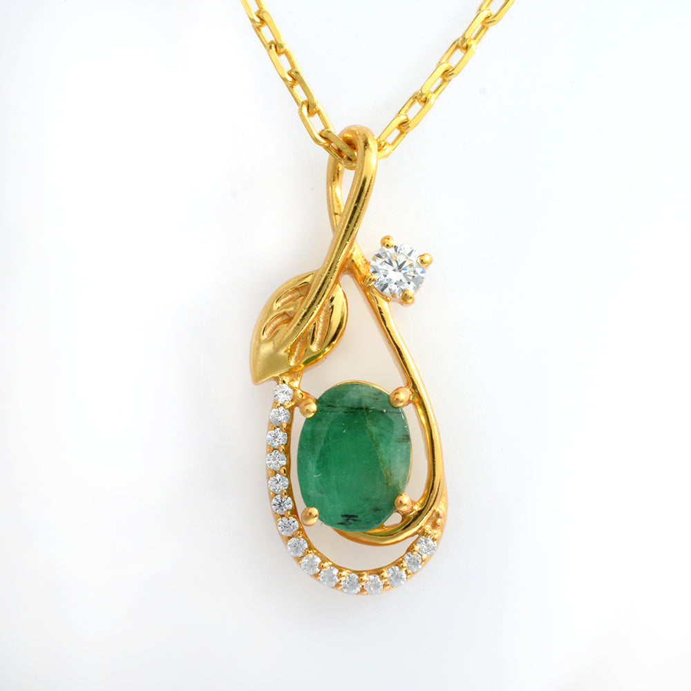 Lab Emerald CZ Leaf Teardrop Pendant Gold Plated 925 Silver | Oval Emerald Floral Necklace Pendant | Green Stone Romantic Jewelry Gift for Her