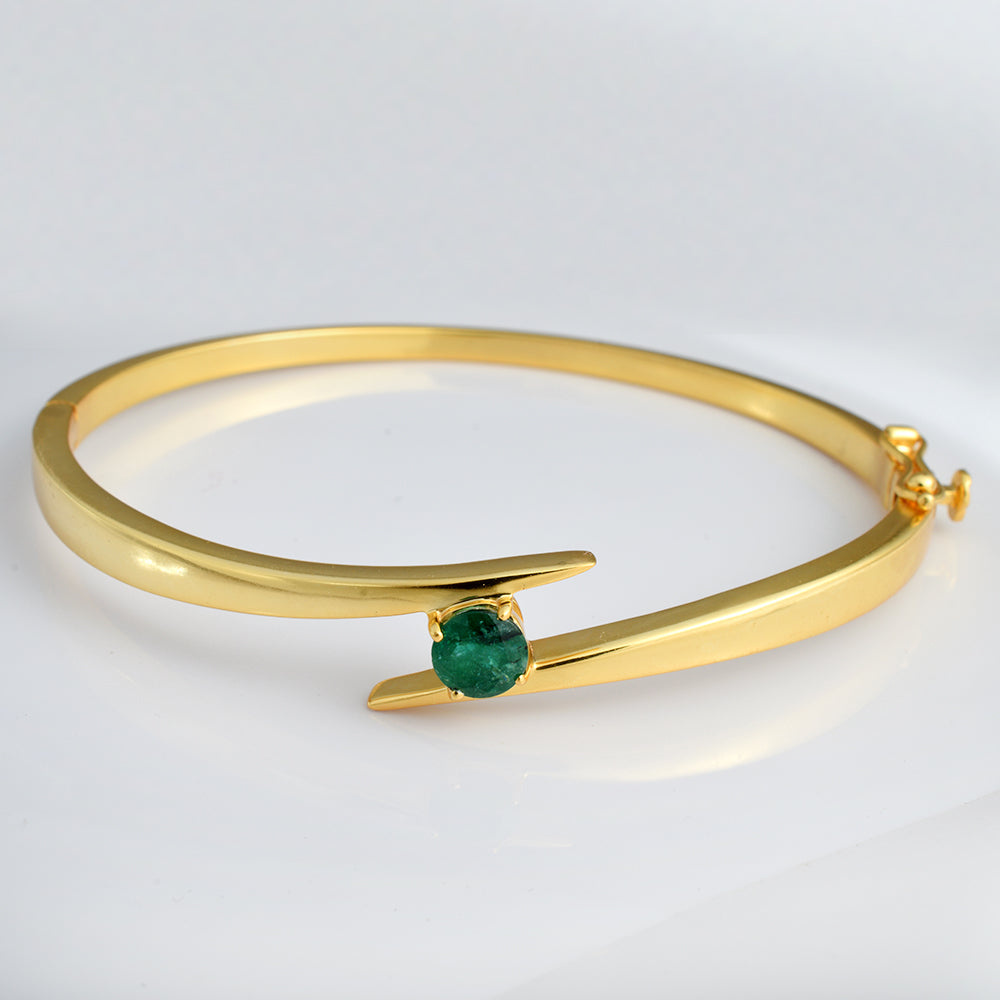 Lab Emerald Solitaire Bypass Bangle Gold Plated 925 Silver | Round Emerald Crossover Cuff Bracelet | Green Stone Minimalist Jewelry for Women