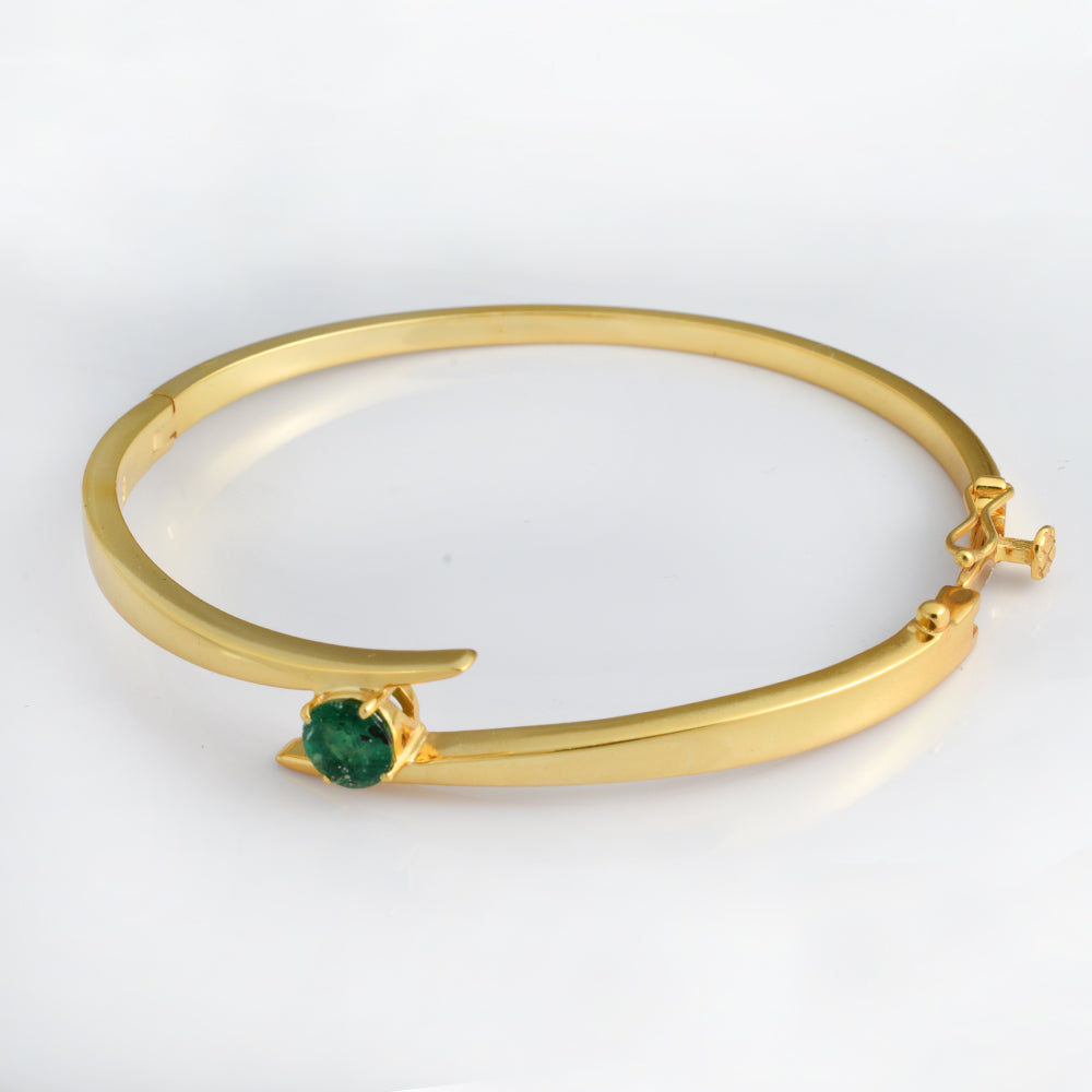 Lab Emerald Crossover Bangle Gold Plated 925 Silver | Round Solitaire Emerald Bypass Cuff Bracelet | Minimal Gold Bracelet for Women | Everyday Luxury Jewelry
