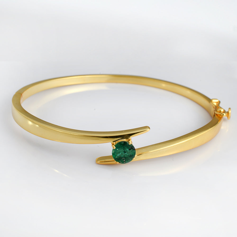 Lab Emerald Crossover Bangle Gold Plated 925 Silver | Round Solitaire Emerald Bypass Cuff Bracelet | Minimal Gold Bracelet for Women | Everyday Luxury Jewelry