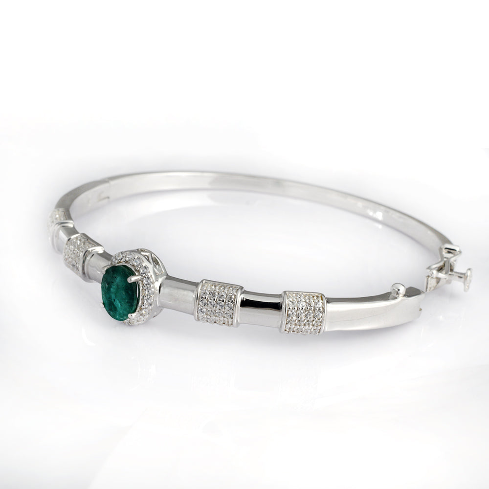 Emerald & CZ Halo Pave Bangle, 925 Sterling Silver - view 2