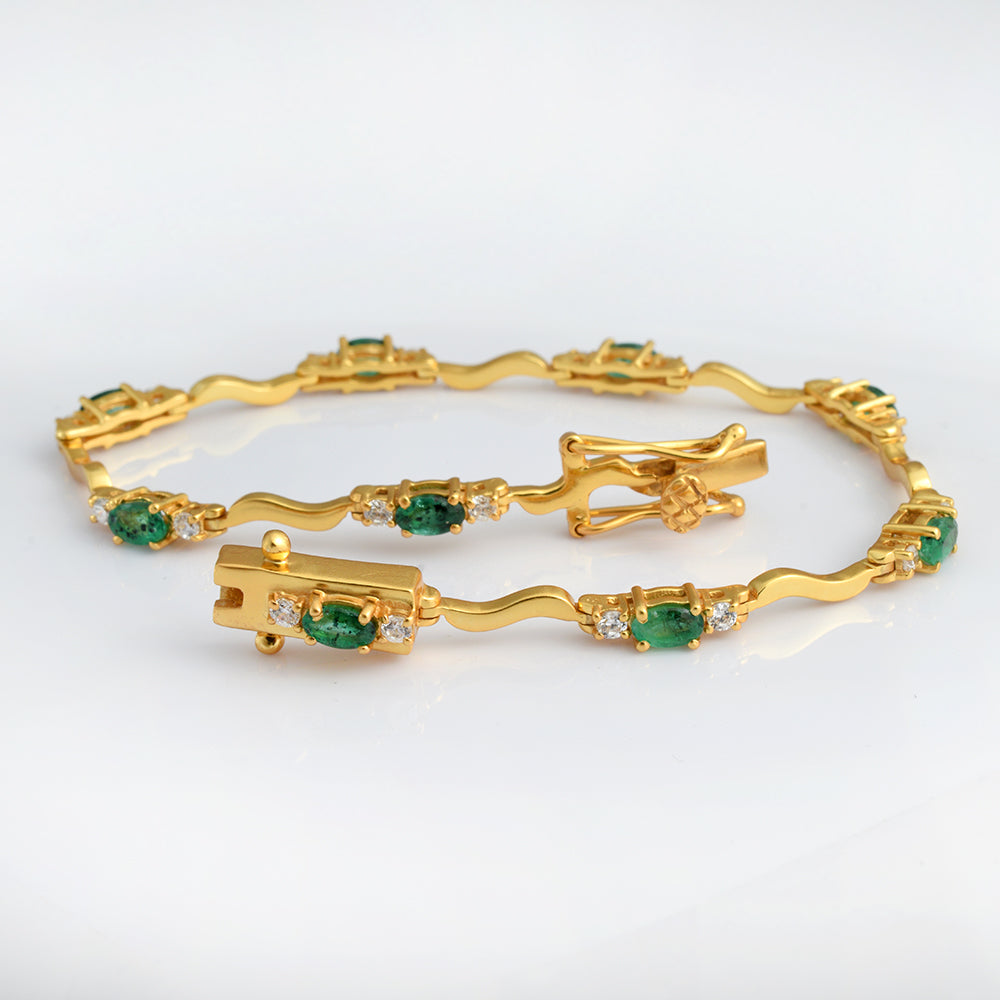 Lab Emerald CZ Wave Link Bracelet Gold Plated 925 Silver | Oval Emerald S-Link Tennis Bracelet | Green Gem Bracelet for Women | Luxury Gift