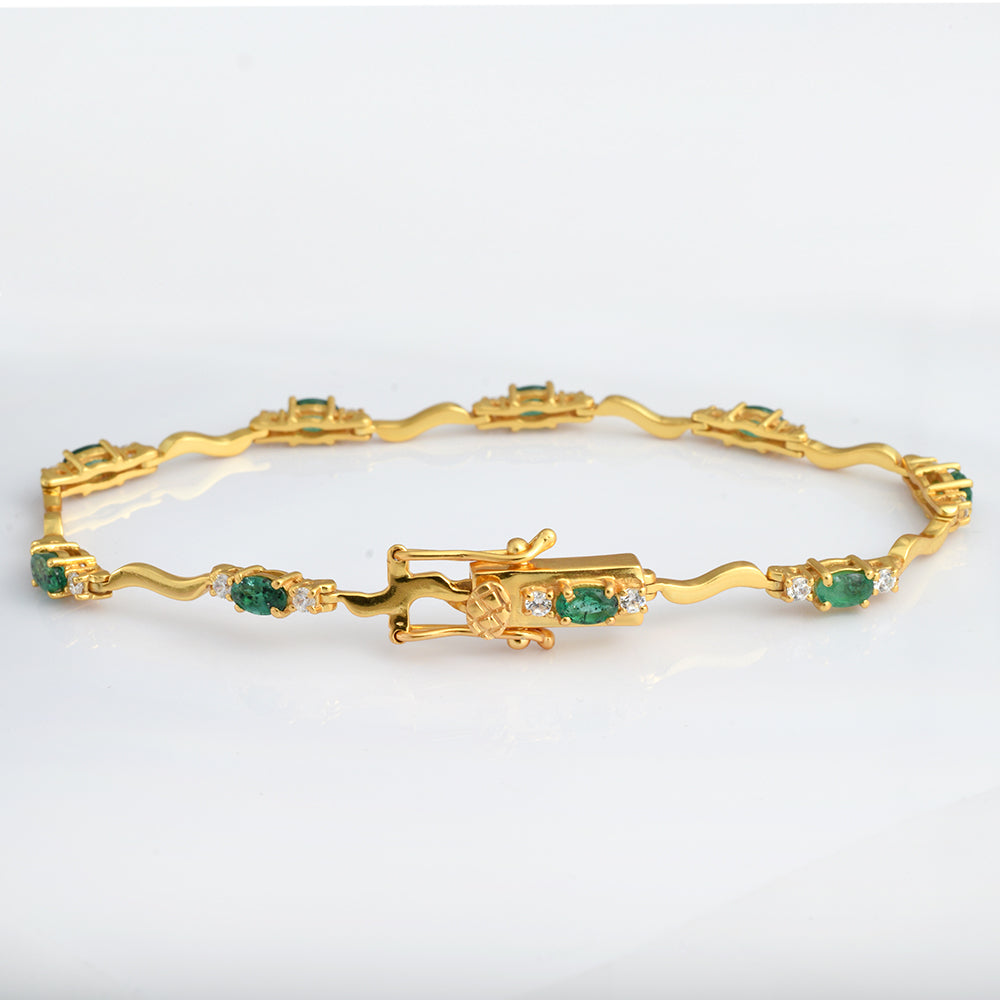 Lab Emerald CZ Wave Link Bracelet Gold Plated 925 Silver | Oval Emerald S-Link Tennis Bracelet | Green Gem Bracelet for Women | Luxury Gift