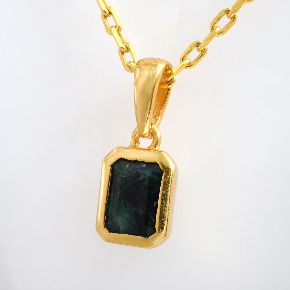 Lab Emerald Pendant Gold Plated 925 Silver | Octagon Shape Emerald Cut Gemstone Pendant | Green Stone Minimalist Jewelry Gift for Her
