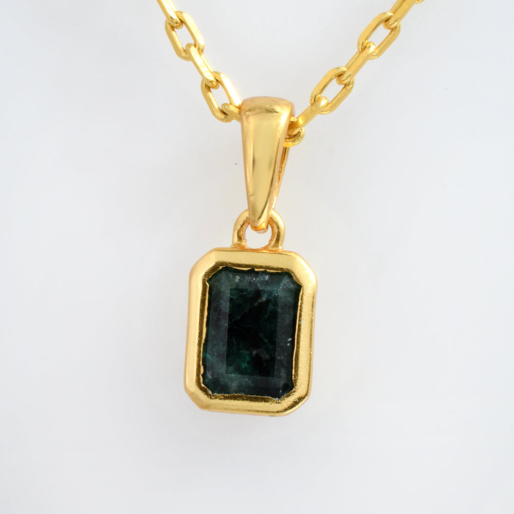 Lab Emerald Pendant Gold Plated 925 Silver | Octagon Shape Emerald Cut Gemstone Pendant | Green Stone Minimalist Jewelry Gift for Her