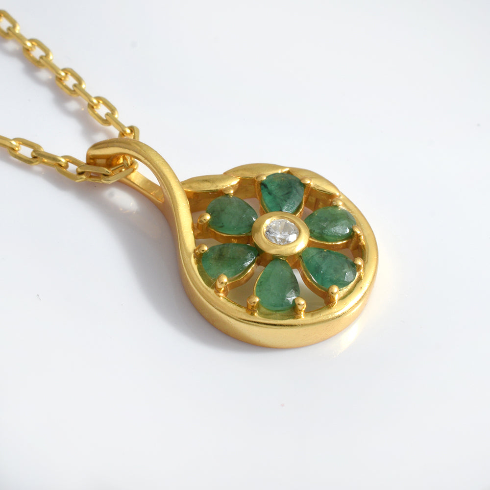 Lab Emerald Floral Pendant Gold Plated 925 Silver | Pear Emerald Flower Teardrop Necklace Pendant | Green Gemstone Botanical Jewelry Gift for Her