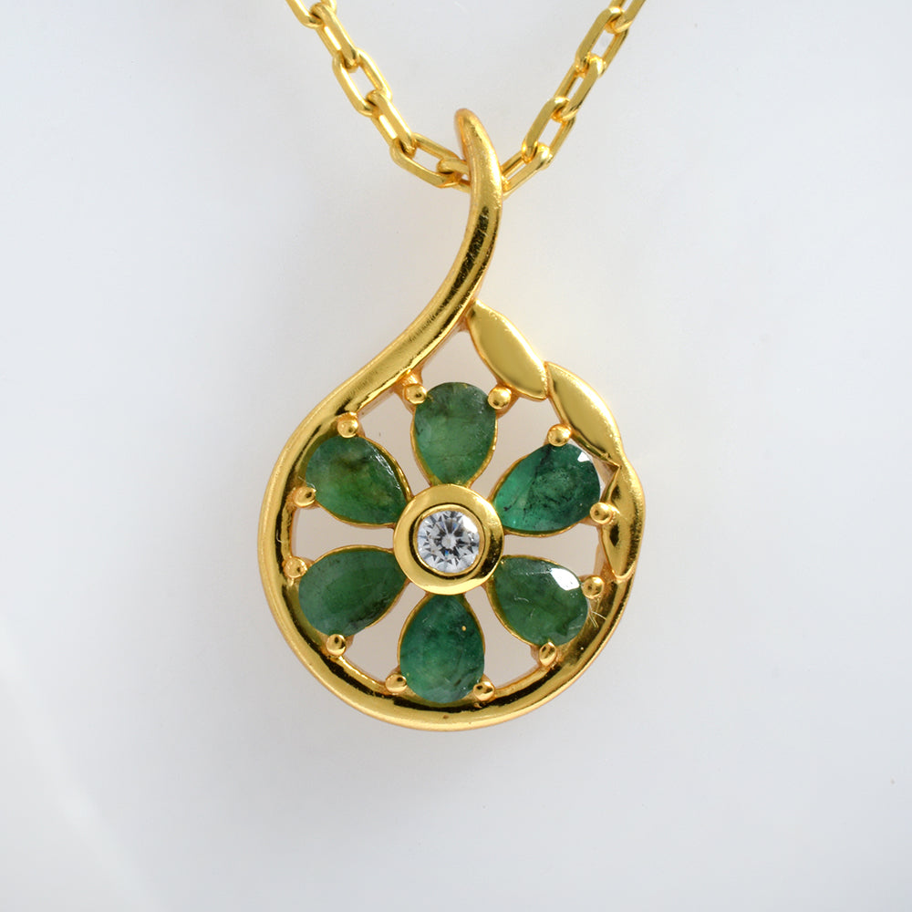 Lab Emerald Floral Pendant Gold Plated 925 Silver | Pear Emerald Flower Teardrop Necklace Pendant | Green Gemstone Botanical Jewelry Gift for Her