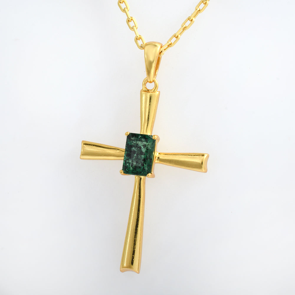 Lab Emerald Cross Pendant Gold Plated 925 Silver | Octagon Emerald Solitaire Cross Necklace | Green Stone Cross Pendant | Spiritual Jewelry Gift for Her