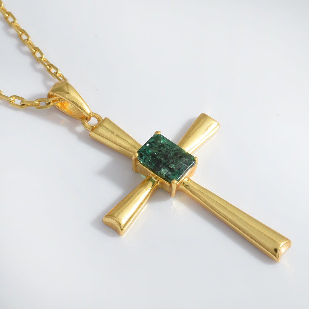 Octagon Emerald Cross Pendant, Gold Vermeil Silver - view 7