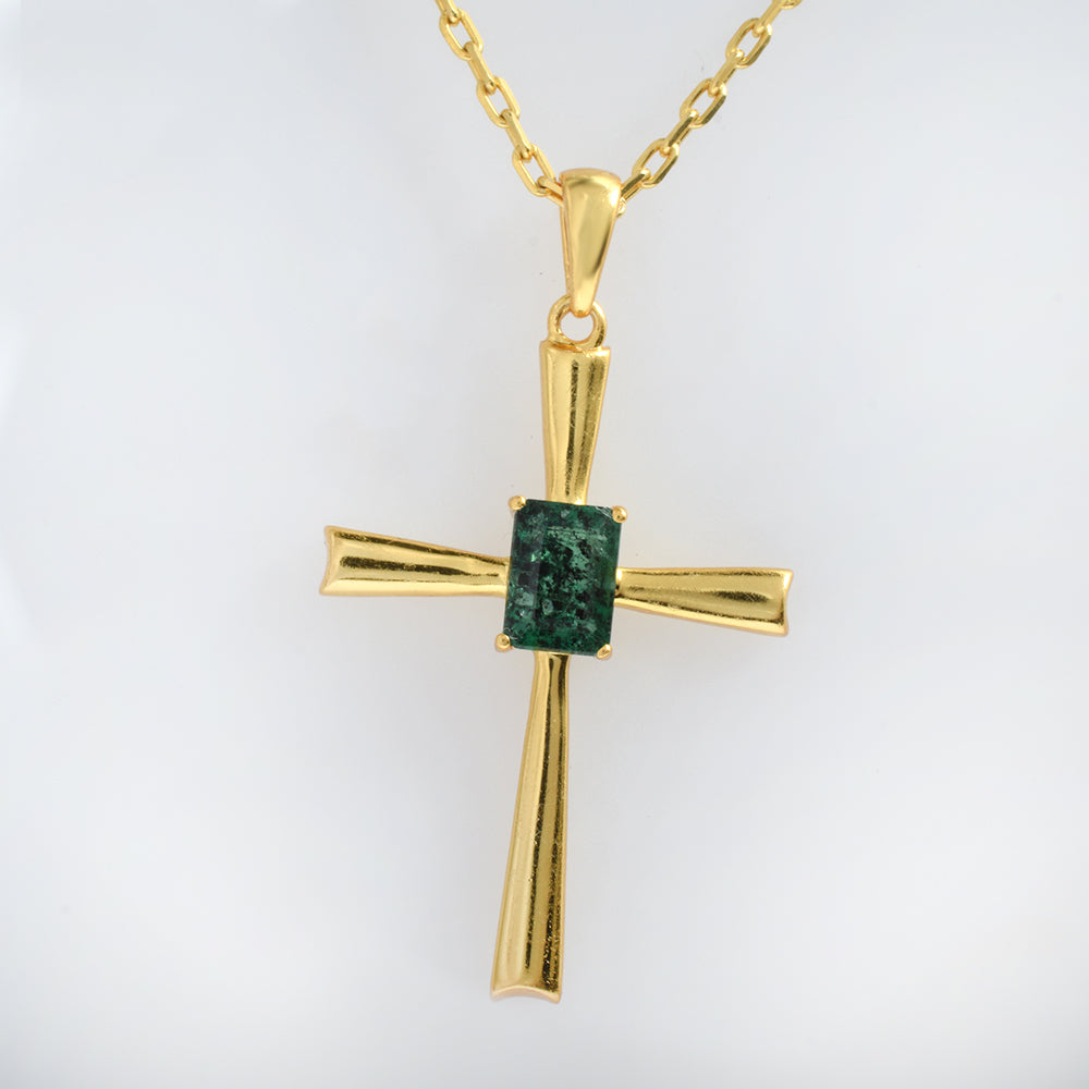 Lab Emerald Cross Pendant Gold Plated 925 Silver | Octagon Emerald Solitaire Cross Necklace | Green Stone Cross Pendant | Spiritual Jewelry Gift for Her