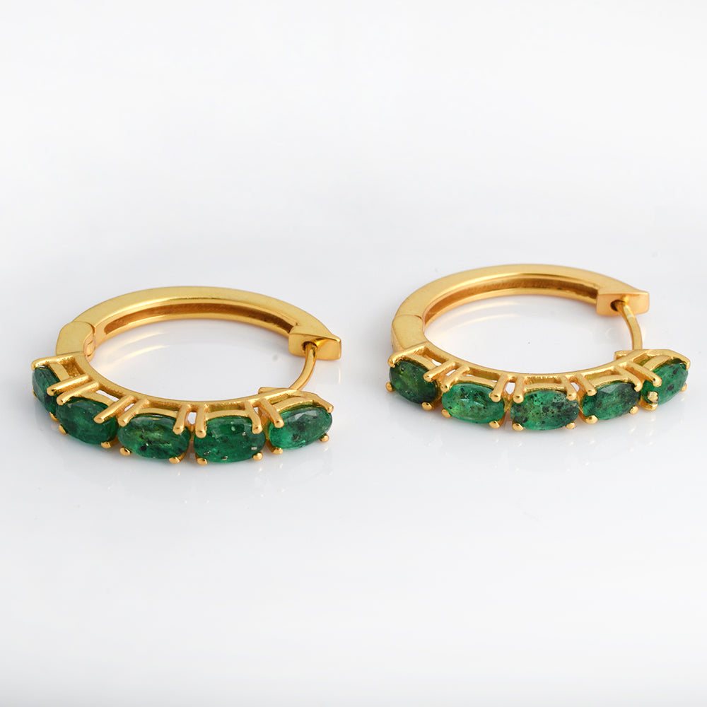 Lab Emerald Huggie Hoop Earrings Gold Plated 925 Silver – Oval Emerald Five Stone Hoops
