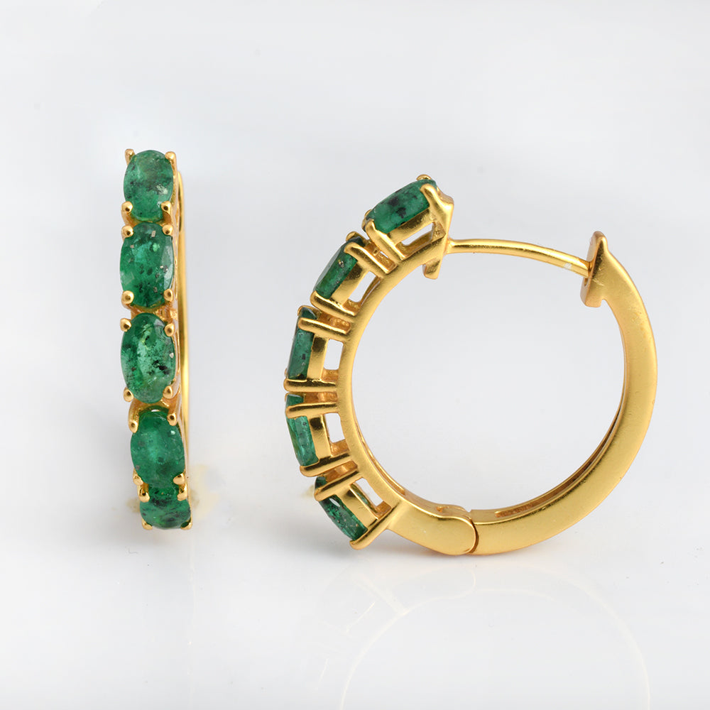 Lab Emerald Huggie Hoop Earrings Gold Plated 925 Silver – Oval Emerald Five Stone Hoops