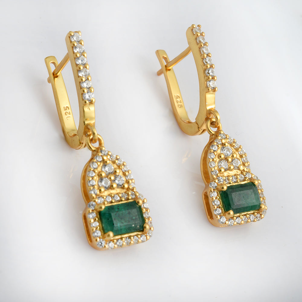Lab Emerald CZ Drop Earrings Gold Plated 925 Silver – Octagon Emerald Halo Arch Dangle Earrings