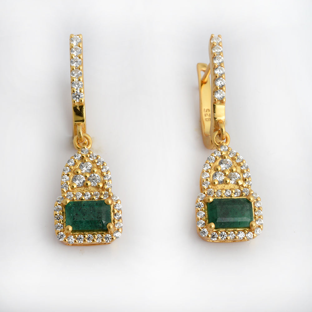 Lab Emerald CZ Drop Earrings Gold Plated 925 Silver – Octagon Emerald Halo Arch Dangle Earrings