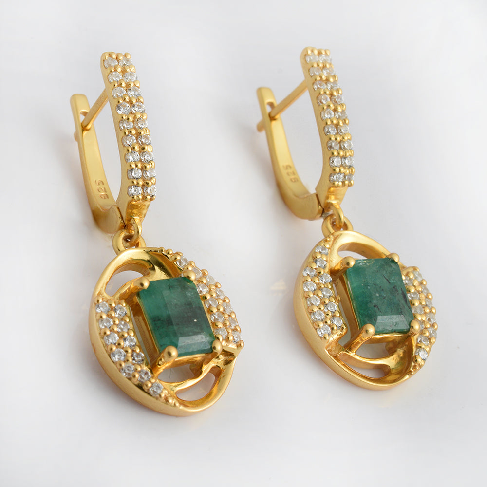 Lab Emerald CZ Drop Earrings Gold Plated 925 Silver | Octagon Emerald Halo Leverback Dangle Earrings | Green Gemstone Gold Earrings | Formal Gift for Her