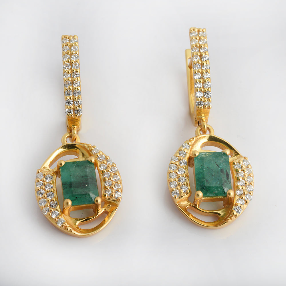 Lab Emerald CZ Drop Earrings Gold Plated 925 Silver | Octagon Emerald Halo Leverback Dangle Earrings | Green Gemstone Gold Earrings | Formal Gift for Her