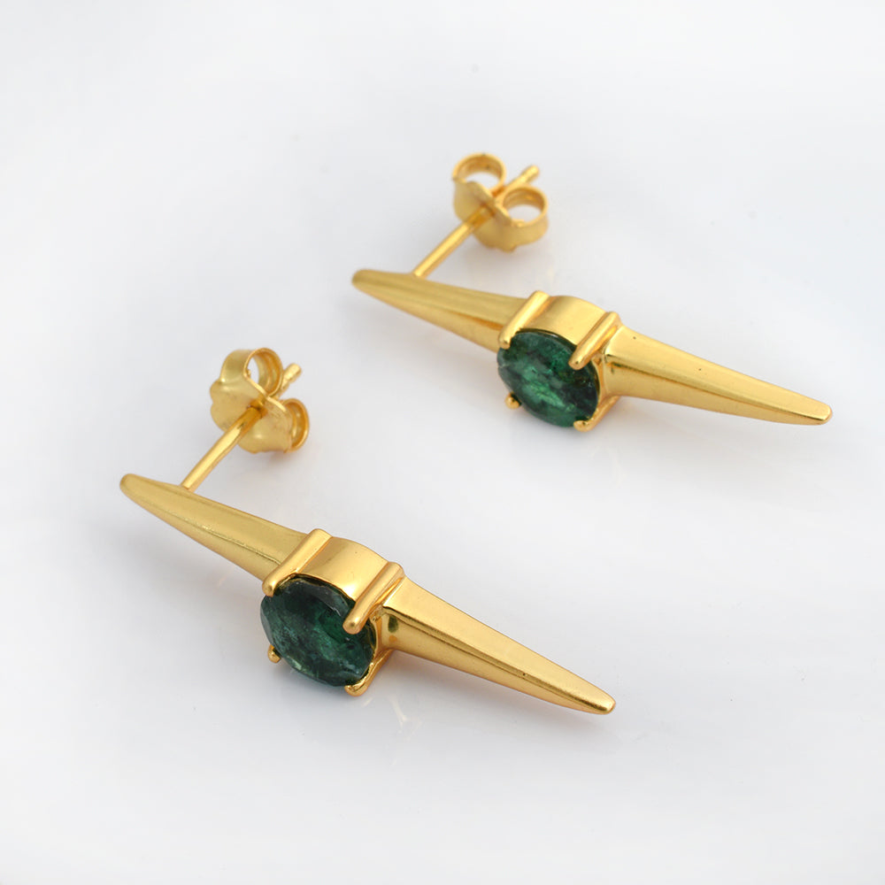 Lab Emerald Spike Bar Stud Earrings Gold Plated 925 Silver – Round Emerald Double Spike Geometric Studs