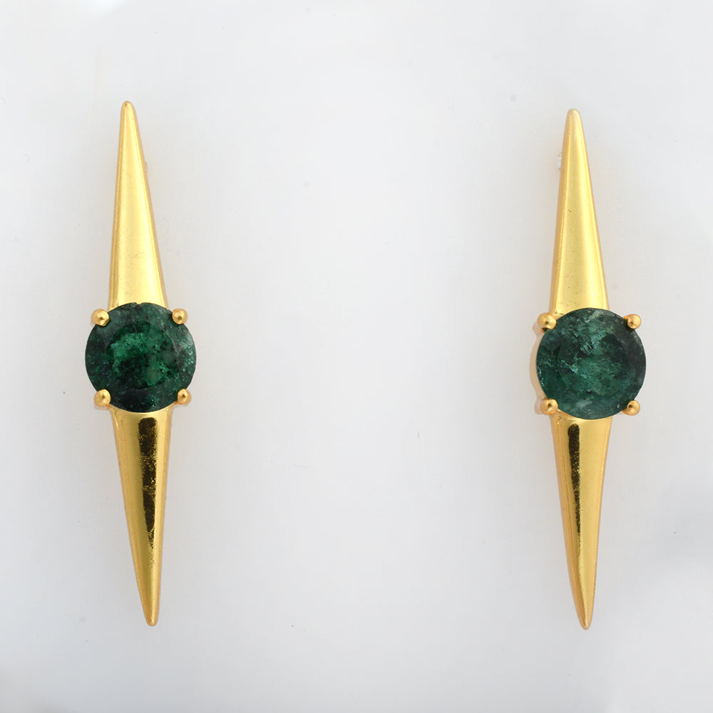 Lab Emerald Spike Bar Stud Earrings Gold Plated 925 Silver – Round Emerald Double Spike Geometric Studs