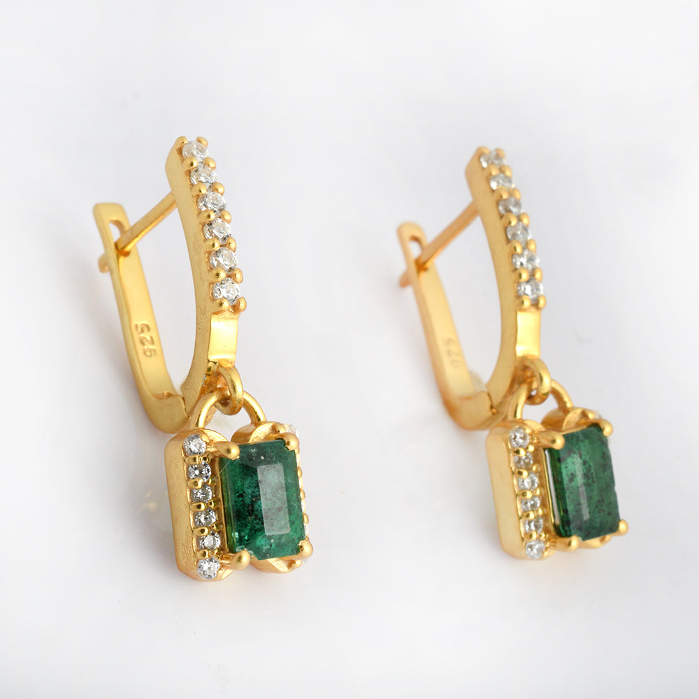 Emerald CZ Charm Drop Earrings Gold Plated 925 Silver | Octagon Lab Grown Emerald Halo Leverback Dangle Earrings | Green Gemstone Gold Earrings Gift for Women