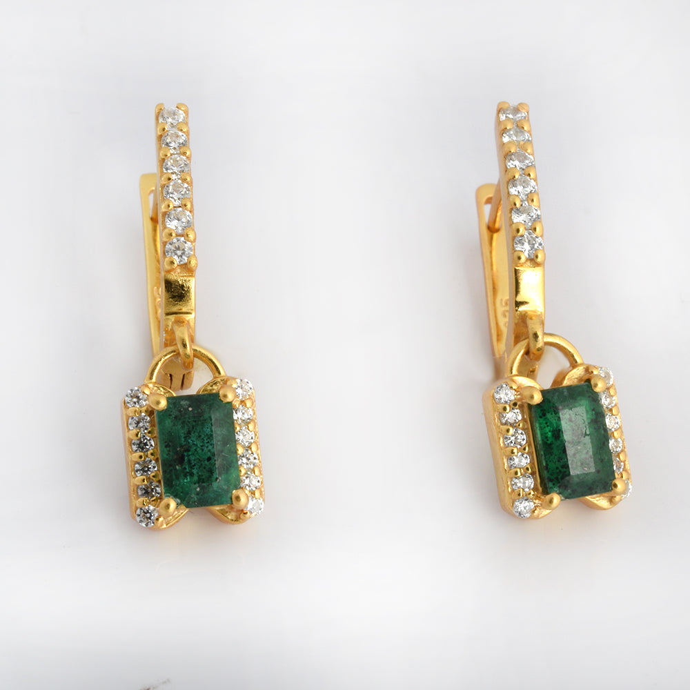 Emerald CZ Charm Drop Earrings Gold Plated 925 Silver | Octagon Lab Grown Emerald Halo Leverback Dangle Earrings | Green Gemstone Gold Earrings Gift for Women