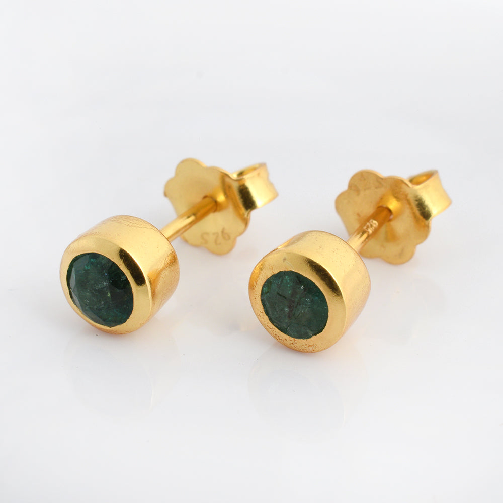 Emerald Stud Earrings Gold Plated 925 Silver – Round Lab Emerald Solitaire Bezel Studs