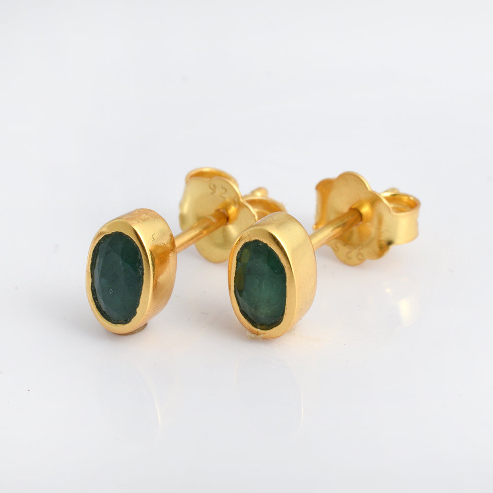 Lab Emerald Stud Earrings Gold Plated 925 Silver | Dainty Oval Emerald Solitaire Stud Earrings | Tiny Green Gemstone Gold Studs | Everyday Gift for Women