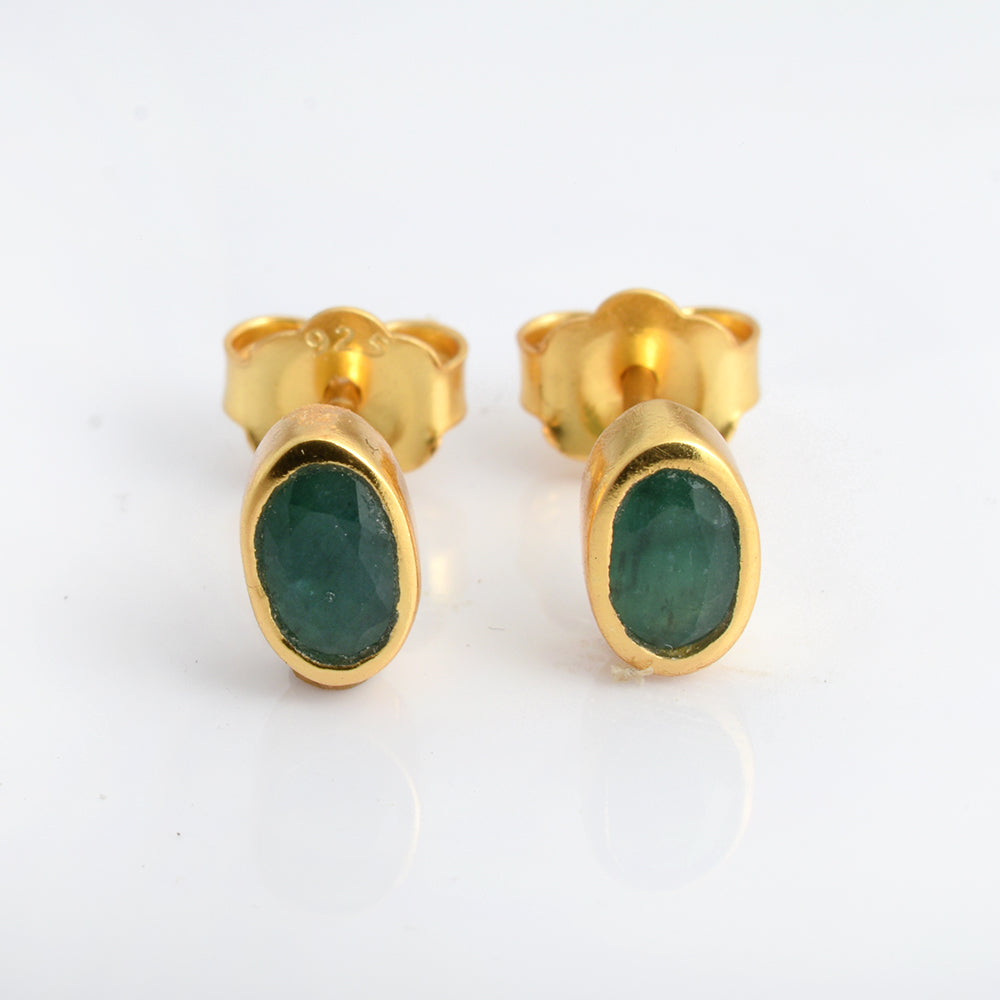 Lab Emerald Stud Earrings Gold Plated 925 Silver | Dainty Oval Emerald Solitaire Stud Earrings | Tiny Green Gemstone Gold Studs | Everyday Gift for Women