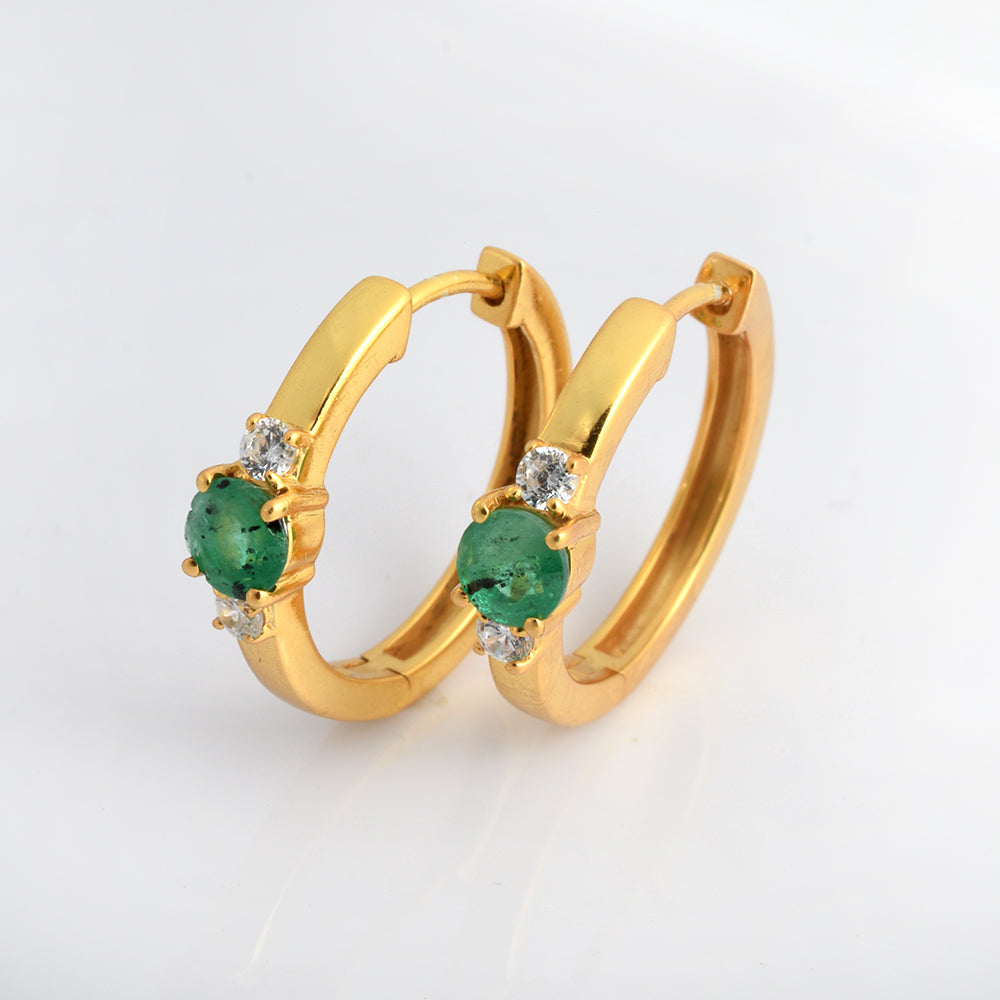 Lab Grown Emerald Hoop Earrings – 14k Yellow Gold-Plated 925 Silver Three Stone Huggies