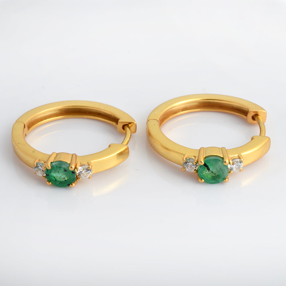 Lab Grown Emerald Hoop Earrings – 14k Yellow Gold-Plated 925 Silver Three Stone Huggies