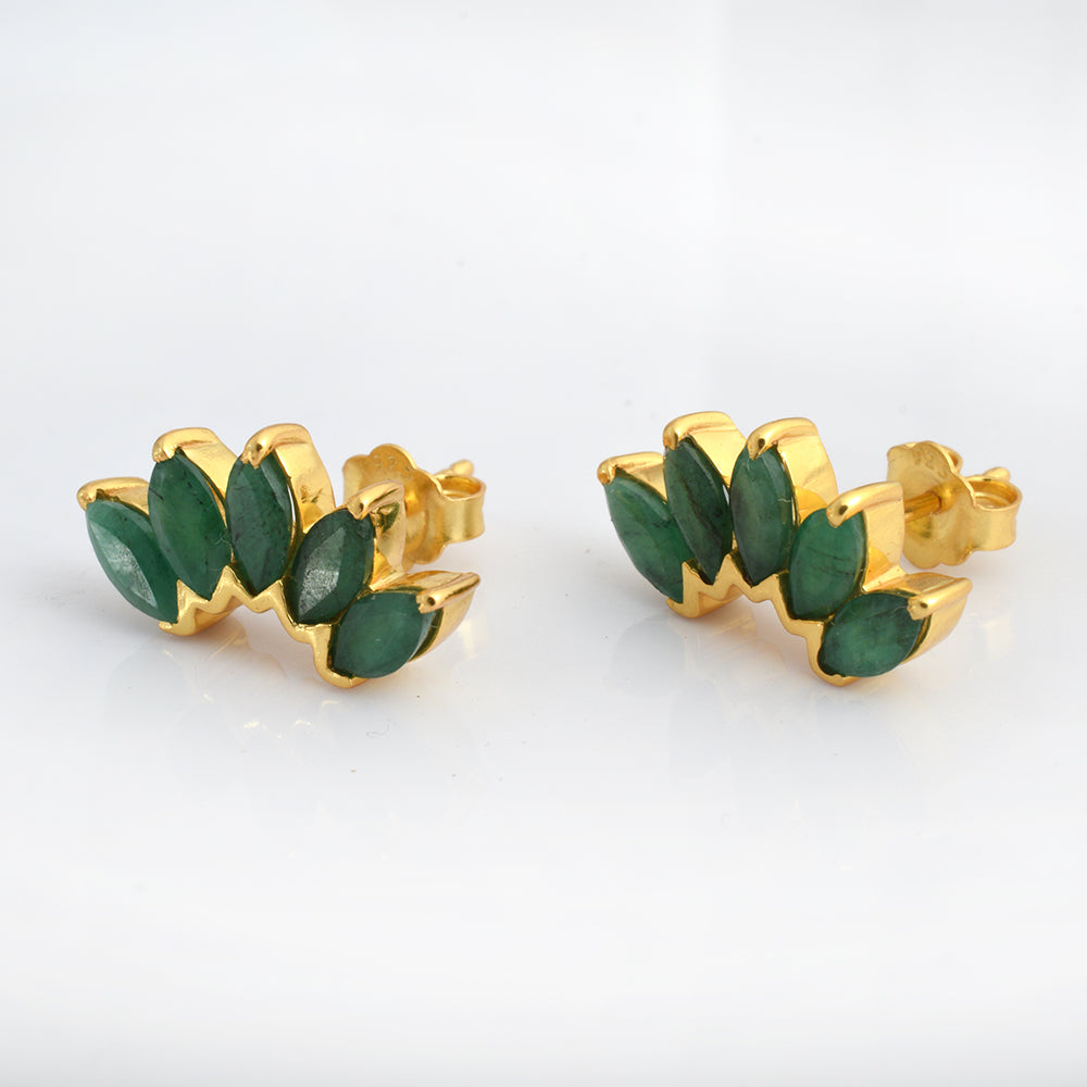 Lab Marquise Emerald Fan Stud Earrings Gold Plated 925 Silver – Five Stone Emerald Crown Lotus Studs