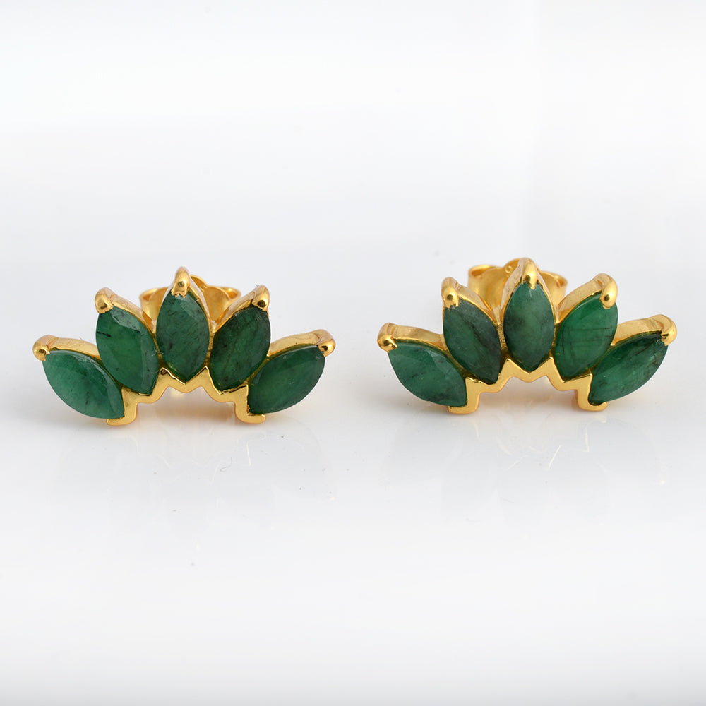 Lab Marquise Emerald Fan Stud Earrings Gold Plated 925 Silver – Five Stone Emerald Crown Lotus Studs