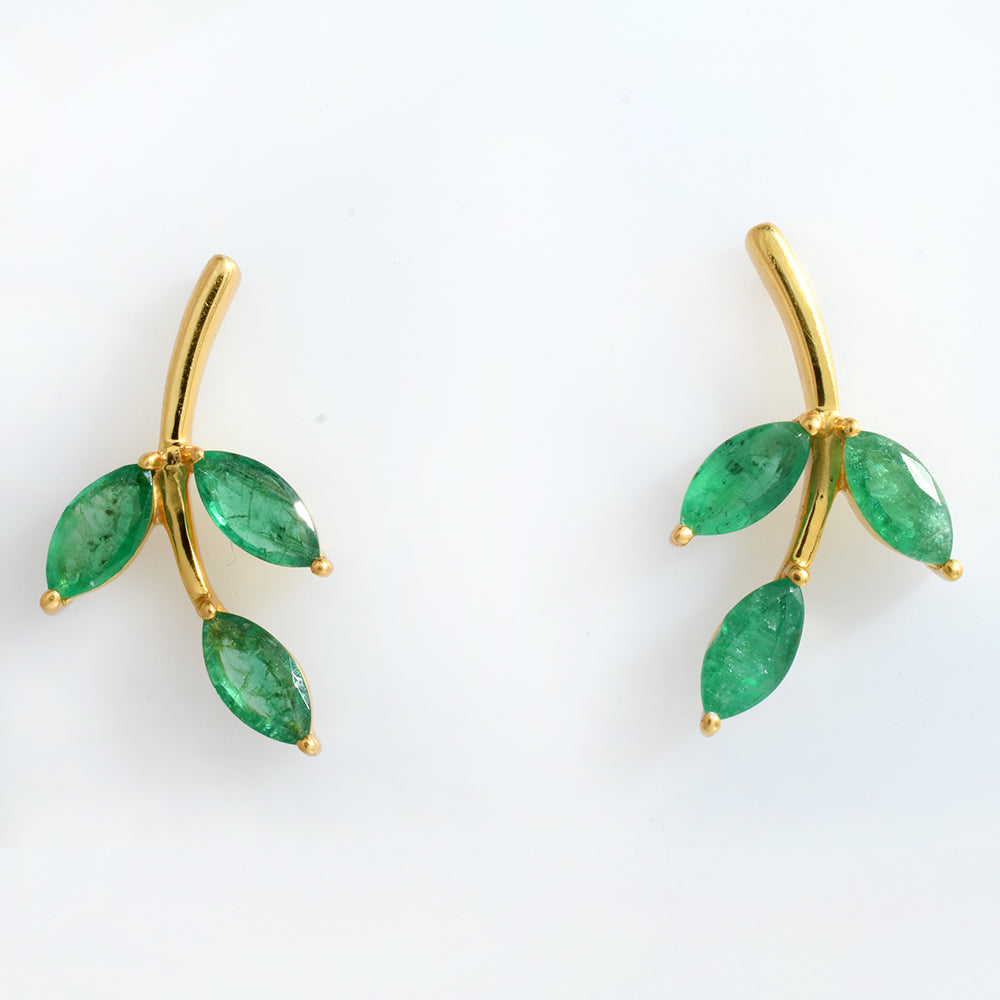 Lab Emerald Ear Climber Earrings Gold Plated 925 Silver – Marquise Emerald Leaf Vine Crawler