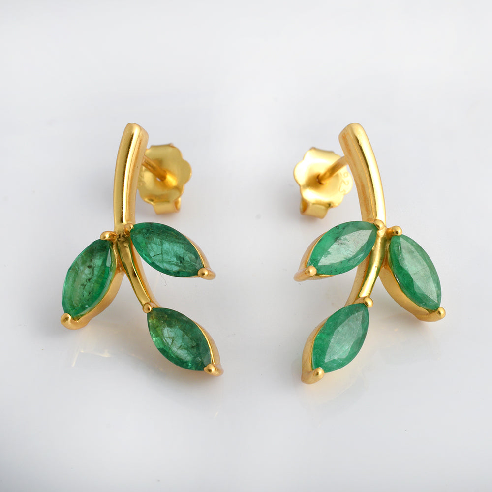 Lab Emerald Ear Climber Earrings Gold Plated 925 Silver – Marquise Emerald Leaf Vine Crawler