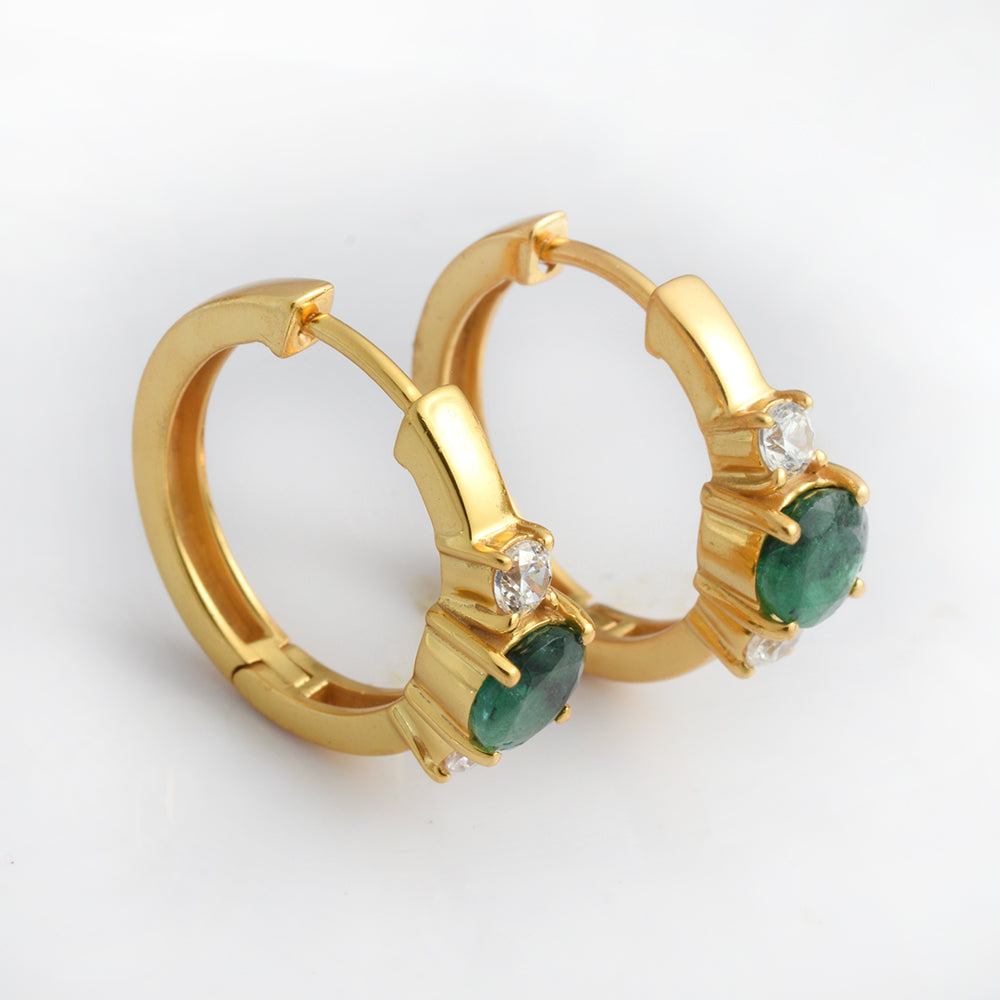 Lab Emerald CZ Trilogy Huggie Earrings Gold Plated 925 Silver | Large Three Stone Emerald Huggie Hoops | Bold Green Gemstone Earrings | Luxury Gift for Her
