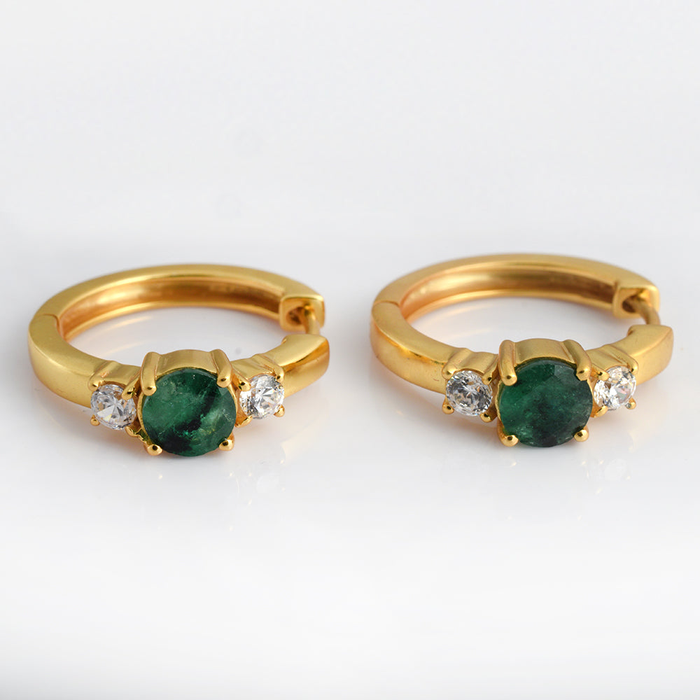 Lab Emerald CZ Trilogy Huggie Earrings Gold Plated 925 Silver | Large Three Stone Emerald Huggie Hoops | Bold Green Gemstone Earrings | Luxury Gift for Her