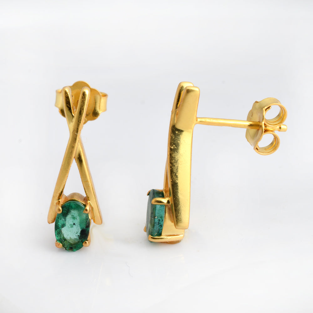 Lab Emerald Cross Frame Stud Earrings Gold Plated 925 Silver | Oval Emerald X Bar Drop Stud Earrings | Geometric Green Gemstone Earrings | Gift for Women