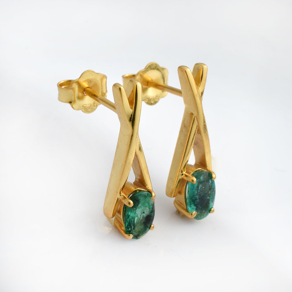 Lab Emerald Cross Frame Stud Earrings Gold Plated 925 Silver | Oval Emerald X Bar Drop Stud Earrings | Geometric Green Gemstone Earrings | Gift for Women
