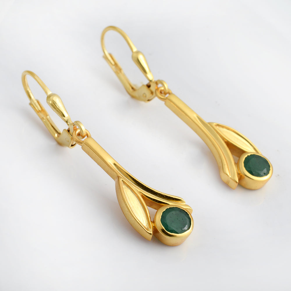 Lab Emerald Leaf Drop Earrings Gold Plated 925 Silver – Round Emerald Botanical Leverback Dangle