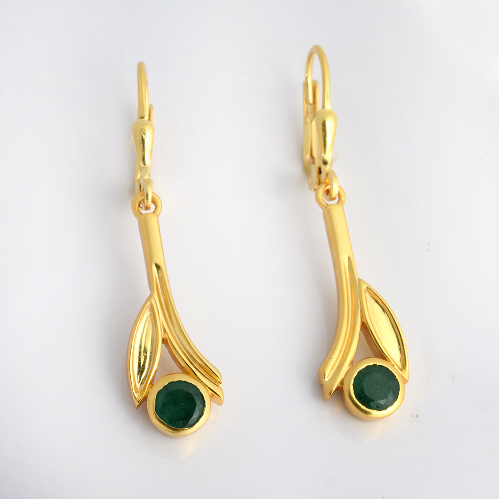 Lab Emerald Leaf Drop Earrings Gold Plated 925 Silver – Round Emerald Botanical Leverback Dangle