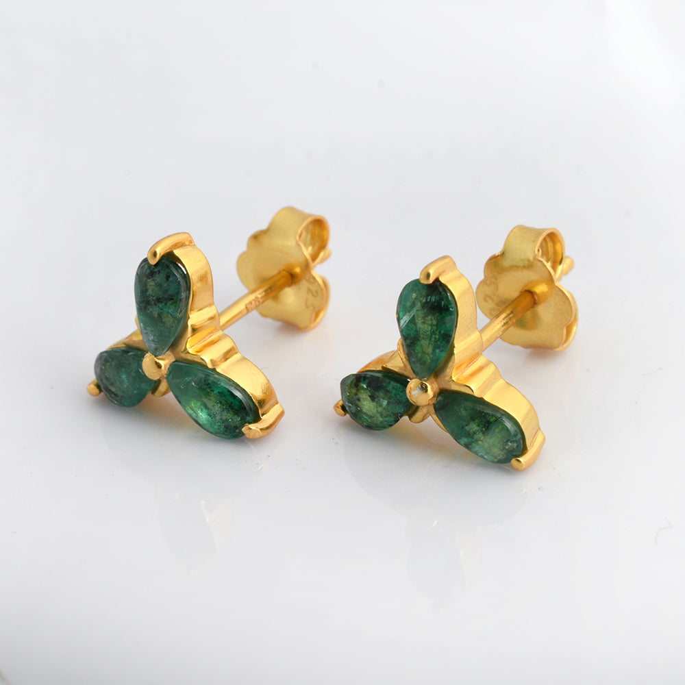 Lab Emerald Trefoil Stud Earrings Gold Plated 925 Silver – Pear Emerald Trinity Cluster Studs