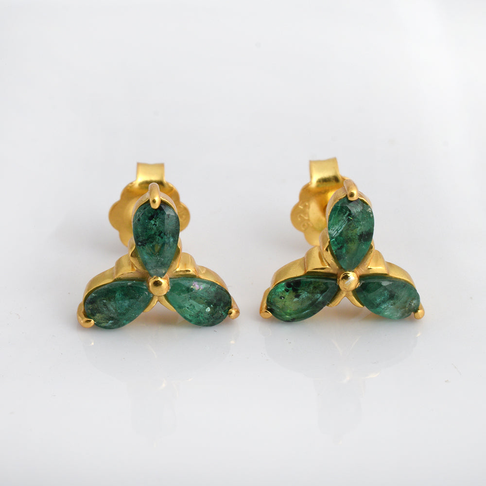 Lab Emerald Trefoil Stud Earrings Gold Plated 925 Silver – Pear Emerald Trinity Cluster Studs