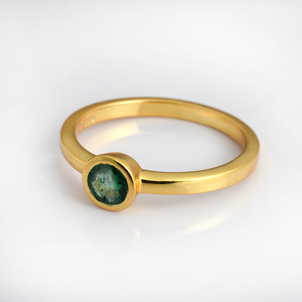 Lab Emerald Bezel Ring Gold Plated 925 Silver | Round Emerald Solitaire Stacking Ring | Dainty Green Gold Ring | Minimalist Jewelry Gift for Her