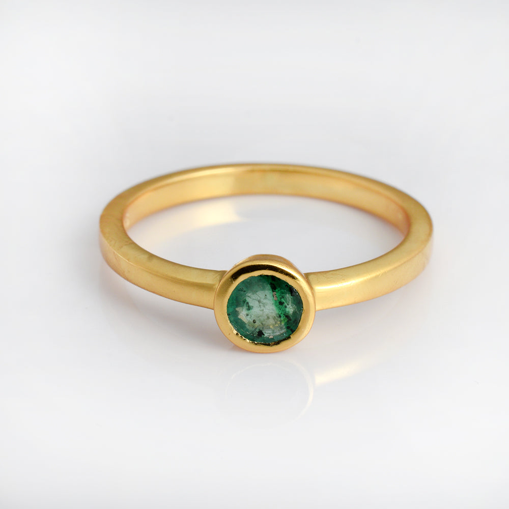 Lab Emerald Bezel Ring Gold Plated 925 Silver | Round Emerald Solitaire Stacking Ring | Dainty Green Gold Ring | Minimalist Jewelry Gift for Her