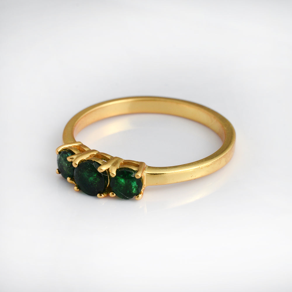 Lab Emerald Trilogy Ring Gold Plated 925 Silver | Three Stone Round Emerald Ring | Green Gemstone Stacking Ring | Anniversary Gift for Her