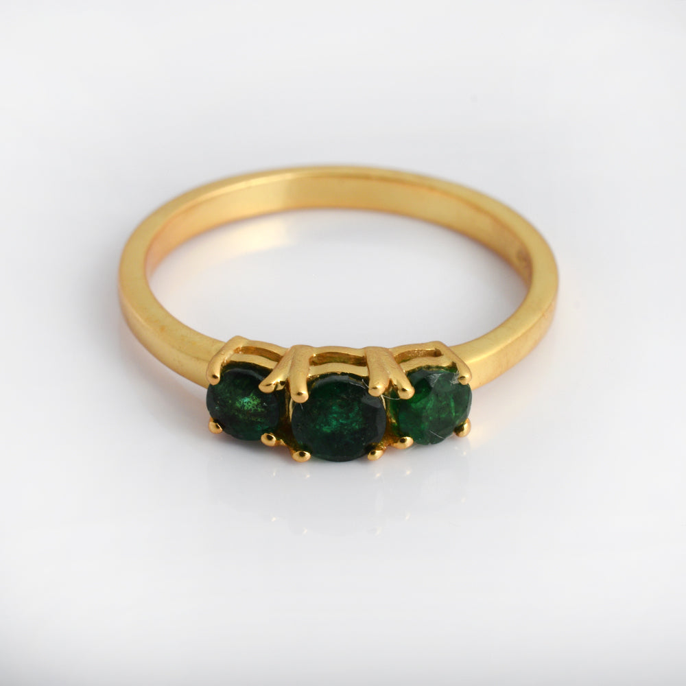 Lab Emerald Trilogy Ring Gold Plated 925 Silver | Three Stone Round Emerald Ring | Green Gemstone Stacking Ring | Anniversary Gift for Her