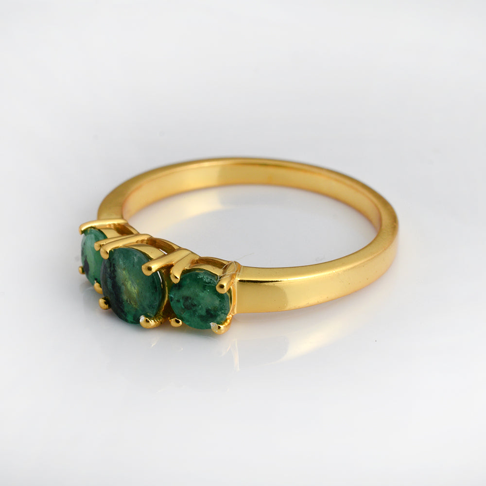 Lab Emerald Trilogy Ring Gold Plated 925 Silver | Large Three Stone Round Emerald Ring | Statement Green Gemstone Ring | Anniversary Gift for Her