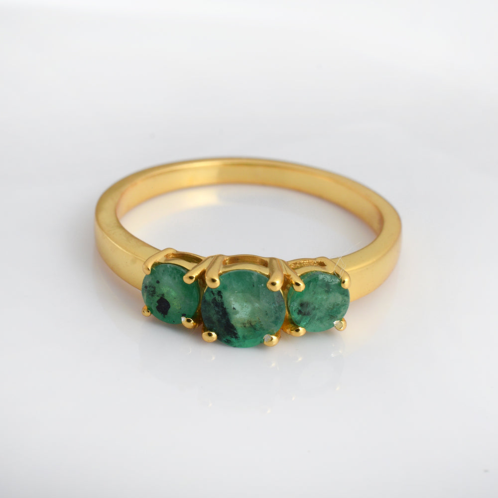 Lab Emerald Trilogy Ring Gold Plated 925 Silver | Large Three Stone Round Emerald Ring | Statement Green Gemstone Ring | Anniversary Gift for Her